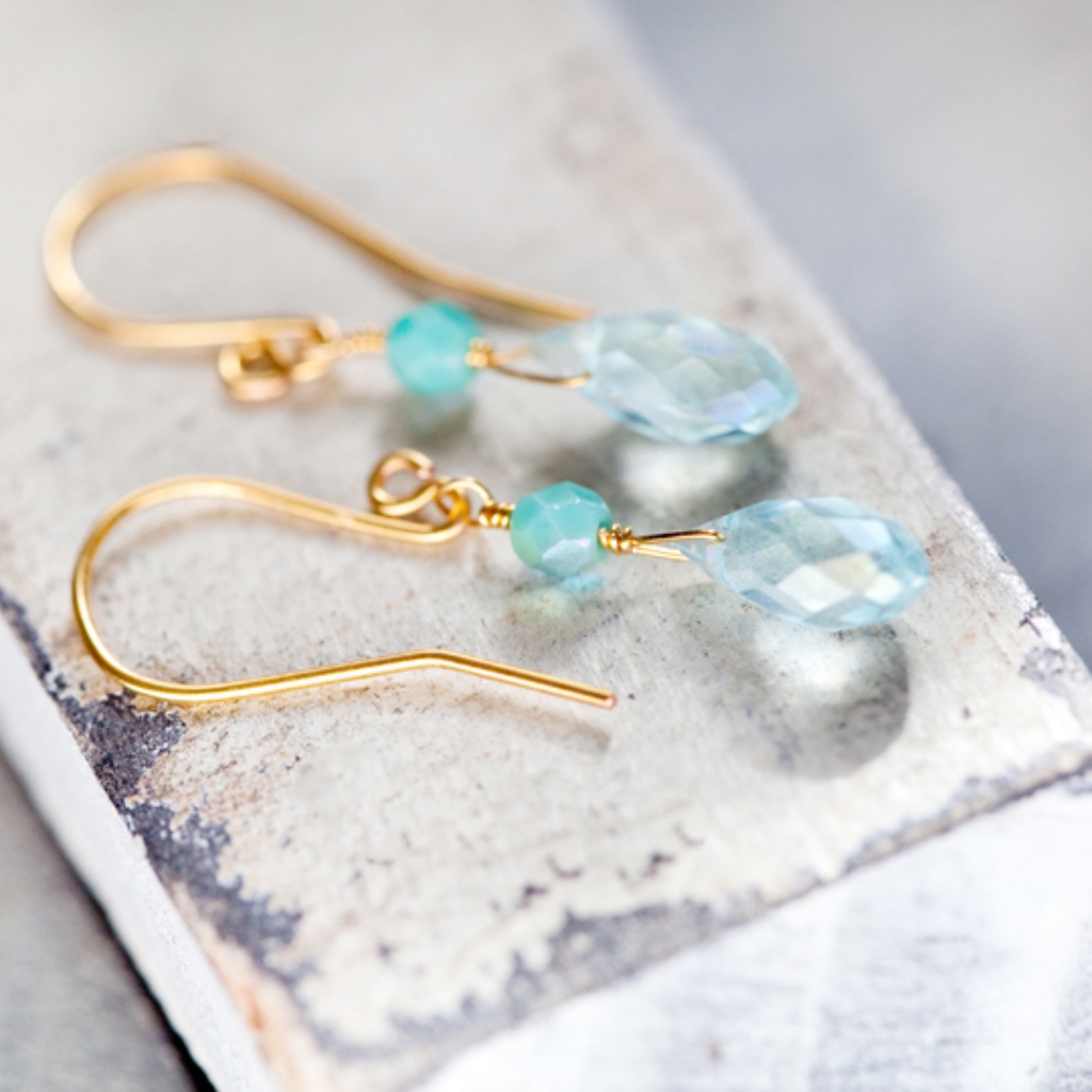 Light Blue Glass Teardrop Gold Earrings Nwt